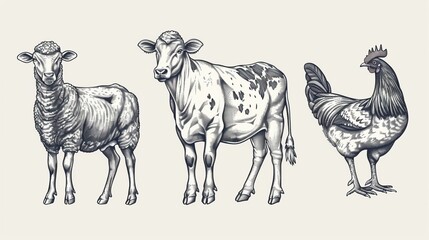 Hand-drawn engraving-style vector illustration showcasing a cow, sheep, and chicken, representing farm domestic animals in a rustic manner.