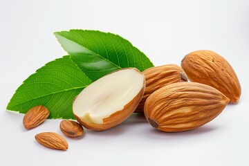 Whole and split almonds with vibrant green leaves on a white background