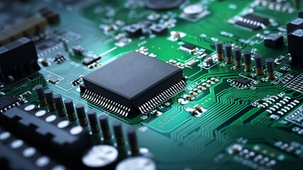 Detailed view of a microchip mounted on a complex green circuit board, highlighting electronic components.
