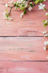 Fototapeta premium Blossoming Branches on Pink Wooden Background for Springtime
