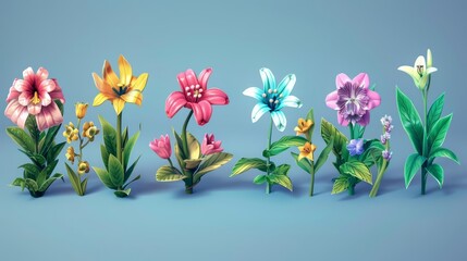 Obraz premium A fantastic isometric set of flowers, blooming vibrantly in a model isolated on a solid color background