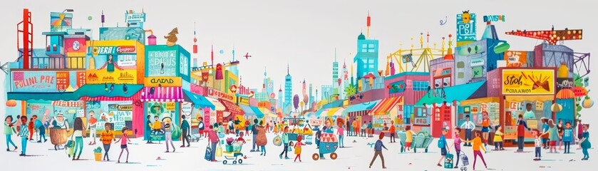A fantastic painting of a bustling city market scene, isolated white background