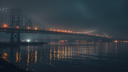 Fototapeta premium Foggy suspension bridge glowing with warm lights over calm water during early evening