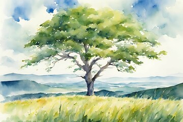 Serene Field with Solitary Tree　一本の木と野原 - obrazy, fototapety, plakaty