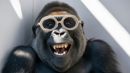 A cheerful humanoid gorilla. Clever laughing monkey in glasses.