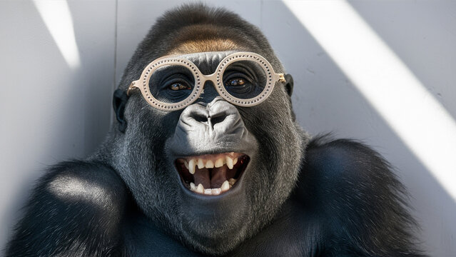 A cheerful humanoid gorilla. Clever laughing monkey in glasses.