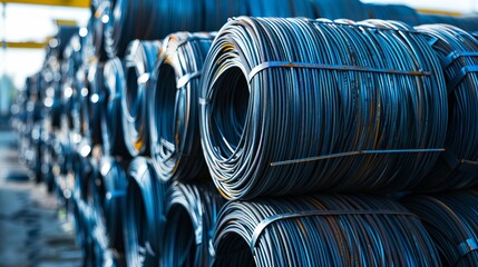 Illustration depicting coils of iron or steel wire stacked in the metal industry, showcasing raw materials used in manufacturing processes. - obrazy, fototapety, plakaty