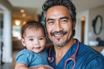A man with a stethoscope around his neck smiling at a baby