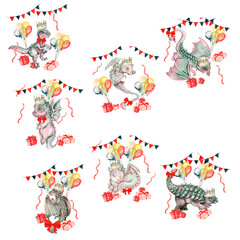 Watercolor hand drawn tropical cute dinosaurs birthday composition. Dino illustration perfect for design, wallpaper, scrapbooking, invitation, wedding or greetings card.