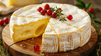   A slice of cheese atop a cutting board, another piece nested above, cranberries adjacent