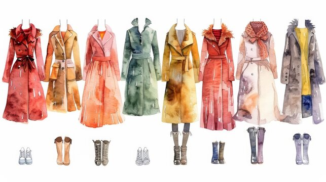 A set of fantastic watercolors of stylish autumn outfits, isolated minimal with white background