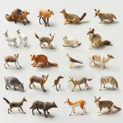 A set of tiny animal figures in dynamic poses, isolated minimal with white background