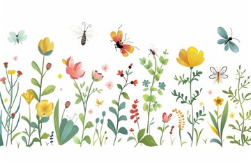 Naklejka premium A set of tiny clipart insects buzzing around spring flowers, isolated minimal with white background