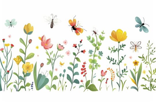 A set of tiny clipart insects buzzing around spring flowers, isolated minimal with white background