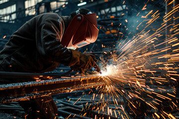Factory worker welding metal with flying sparks in industrial workshop, safety gear visible