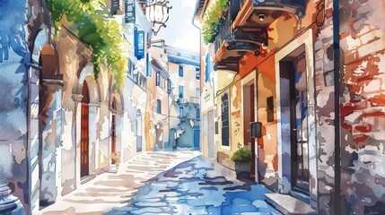 Fototapeta premium A small watercolor of a charming old town street, retro styles detail clipart isolated white background