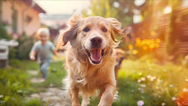 Happy family playing with happy golden retriever dog on the backyard lawn. Ai Footage.
