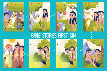 Set of images Bible stories first sin in flat cartoon design. This set of illustrations shows scenes from the biblical story of the first sin committed by Adam and Eve. Vector illustration.