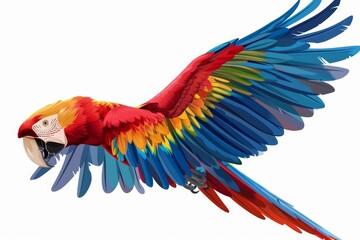 A tiny clipart of a colorful parrot in flight, futuristic simple detail clipart isolated white background