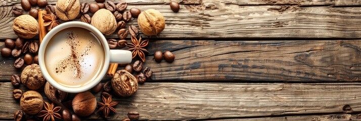 Rich aroma and flavors - coffee cup surrounded by freshly roasted coffee beans and nuts
