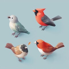 Fototapeta premium A tiny isometric set of birds, chirping melodiously, created as a model isolated on a solid background