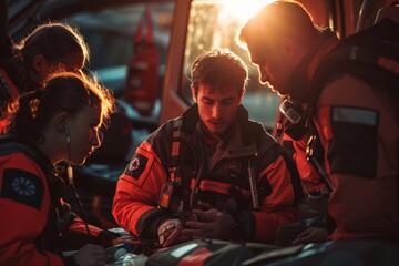 Medical team in bright orange gear gathers inside vehicle, intensely discussing strategy over map in dim light, poised for swift action, epitomizing focused collaboration at sunset.