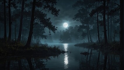 Sure, here is a description for an image combining moon and trees at night:

Dark night landscape with a full moon glowing through the trees