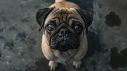 Cute pug dog on a dark background. Selective focus.