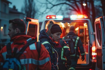 female medical responder, marked by her red jacket and reflective stripes, is pictured during a nighttime emergency operation. Her expression, intense and contemplative, - Powered by Adobe