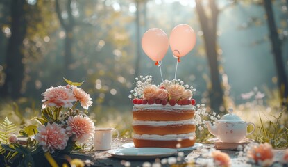 Obraz na płótnie Canvas A birthday cake with balloons and gifts on a table in a forest, a tea set, and flowers. A happy family is having an outdoor picnic to celebrate their child's first year of life,Joyful Family Picnic 