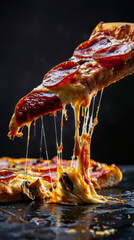 Pizza with salami and mozzarella on a black background