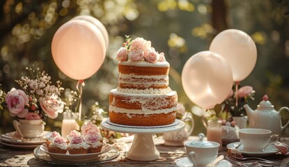 A birthday cake with balloons and gifts on a table in a forest, a tea set, and flowers. A happy family is having an outdoor picnic to celebrate their child's first year of life,Joyful Family Picnic 