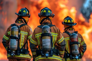 Obraz premium Three firefighters equipped with full gear watch over raging fire. Strong sense of teamwork and alertness as they face swirling flames, showcasing preparedness and camaraderie.