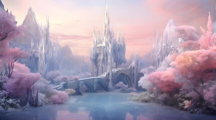 Fantasy landscape with a pond and a castle in the background. Panorama.