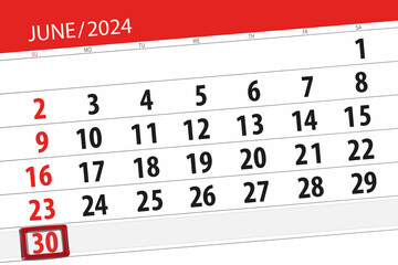 Calendar 2024, deadline, day, month, page, organizer, date, June, sunday, number 30