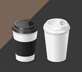 Two Disposable Coffee Cups With Lids, One With A Textured Black Holder And One Plain White, 3d Vector Illustration