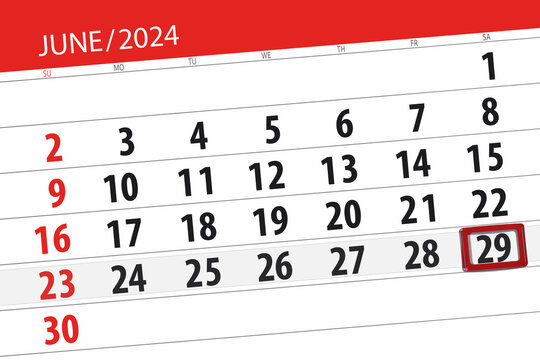 Calendar 2024, deadline, day, month, page, organizer, date, June, saturday, number 29