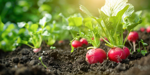 Fresh Radishes in Garden Soil. Vibrant radishes with lush green leaves thrive in fertile garden soil, illuminated by soft sunlight, showcasing organic growth and healthy living.