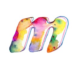 A small, vibrant rainbow watercolor letter "м" on a white background, showcasing an array of colors with artistic flair and charm