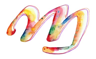 A large, vibrant watercolor letter "M" in rainbow hues shines against a pristine white background, captivating with its colorful and artistic expression