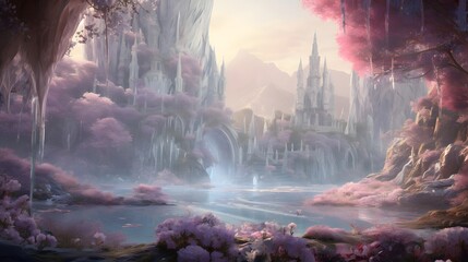 Fantasy fantasy landscape with mountains and river. Digital art painting.