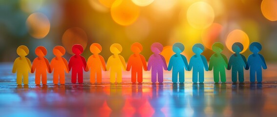 LGBT paper people standing in a row on a wooden table, with a blurred background. A community of people concept with copy space for text or design.