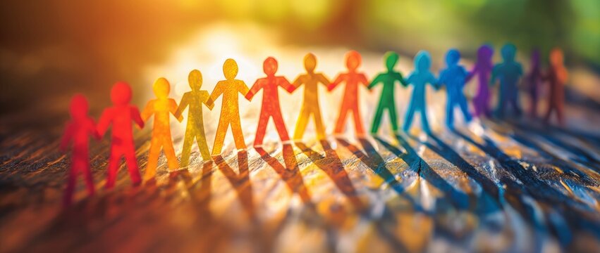LGBT paper people standing in a row on a wooden table, with a blurred background. A community of people concept with copy space for text or design.