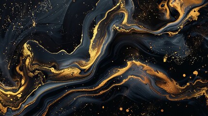 Opulent abstract fluid art painting background employing alcohol ink technique, featuring black and gold elements.