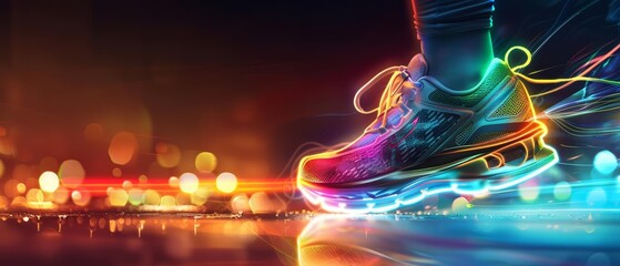 Colorful Glow HUD icon of athletic shoes, designed for peak performance, with very blurry backdrop