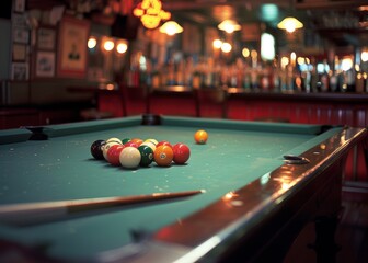 Billiard table with bright bar atmosphere background