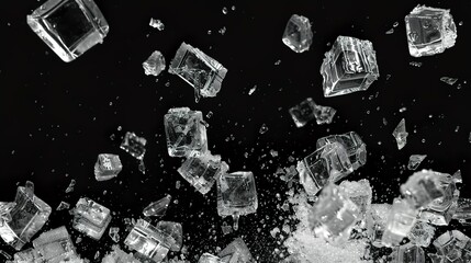 Pure black background, delicate, exploding ice