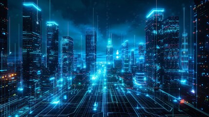 Smart city concept with eco-friendly tech solutions like IoT connected public services, energy-efficient buildings, and clean transport, digital overlay on urban landscape future city