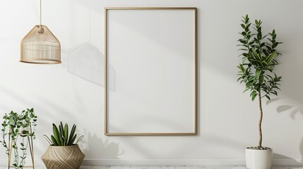 Presenting a home interior poster mock-up featuring a vertical gold metal frame and succulents against a white wall background. Rendered in 3D.