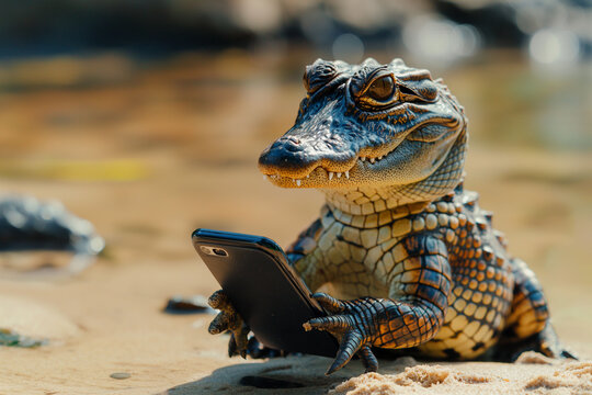 Meme with little alligator uses a waterproof smartphone at the river, surrounded by river. The image conveys a whimsical, surreal atmosphere, ideal for articles on unusual tech scenarios